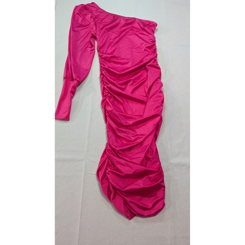 Inner Beauty One Shoulder Midi Dress Womens M Pink Excellent Ruched Puff Sleeve